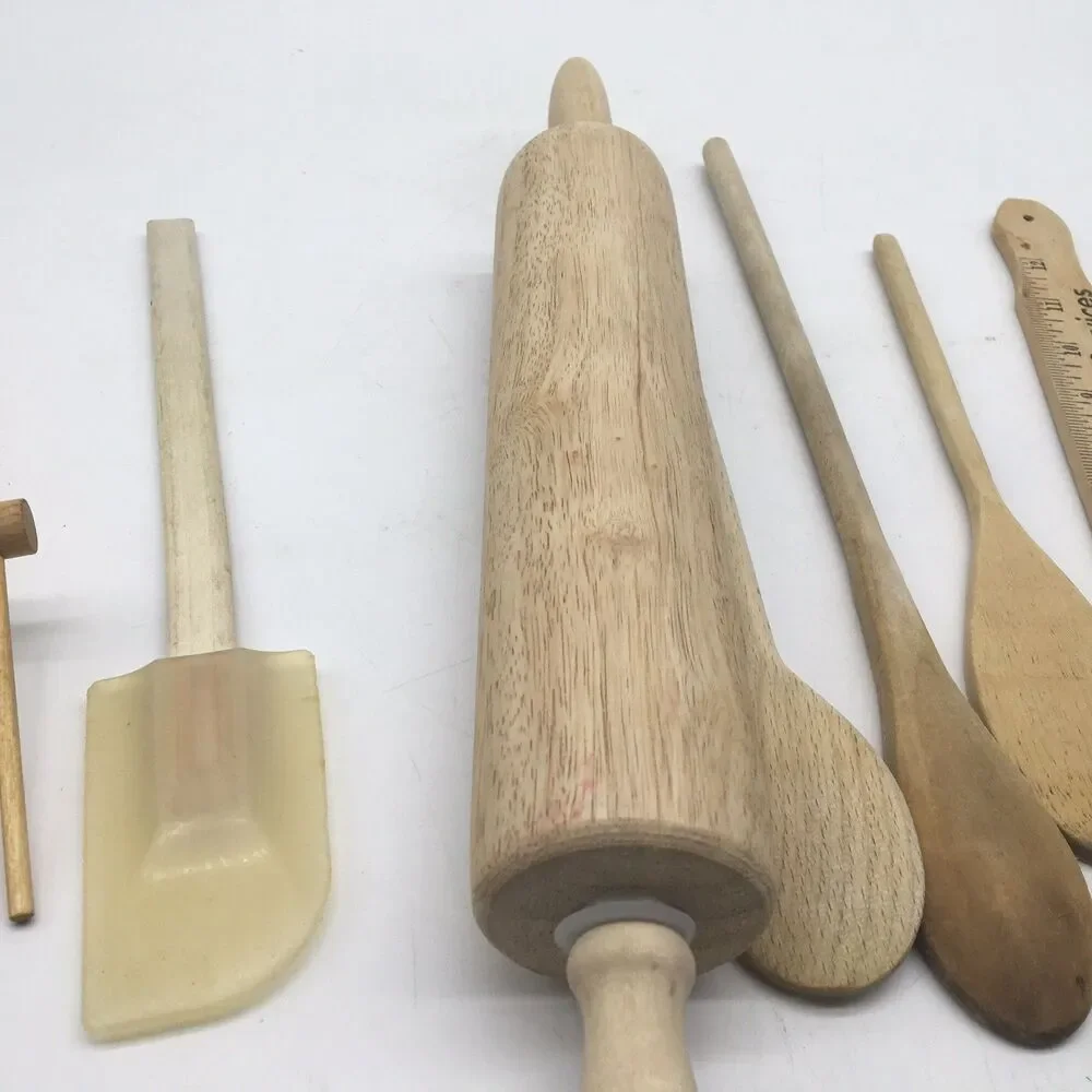 Vtg Lot Of 9 Wooden Kitchen Utensils Fork Wooden spoon Spatula Rolling Pin